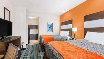 Premium bedding, desk, laptop workspace, iron/ironing board