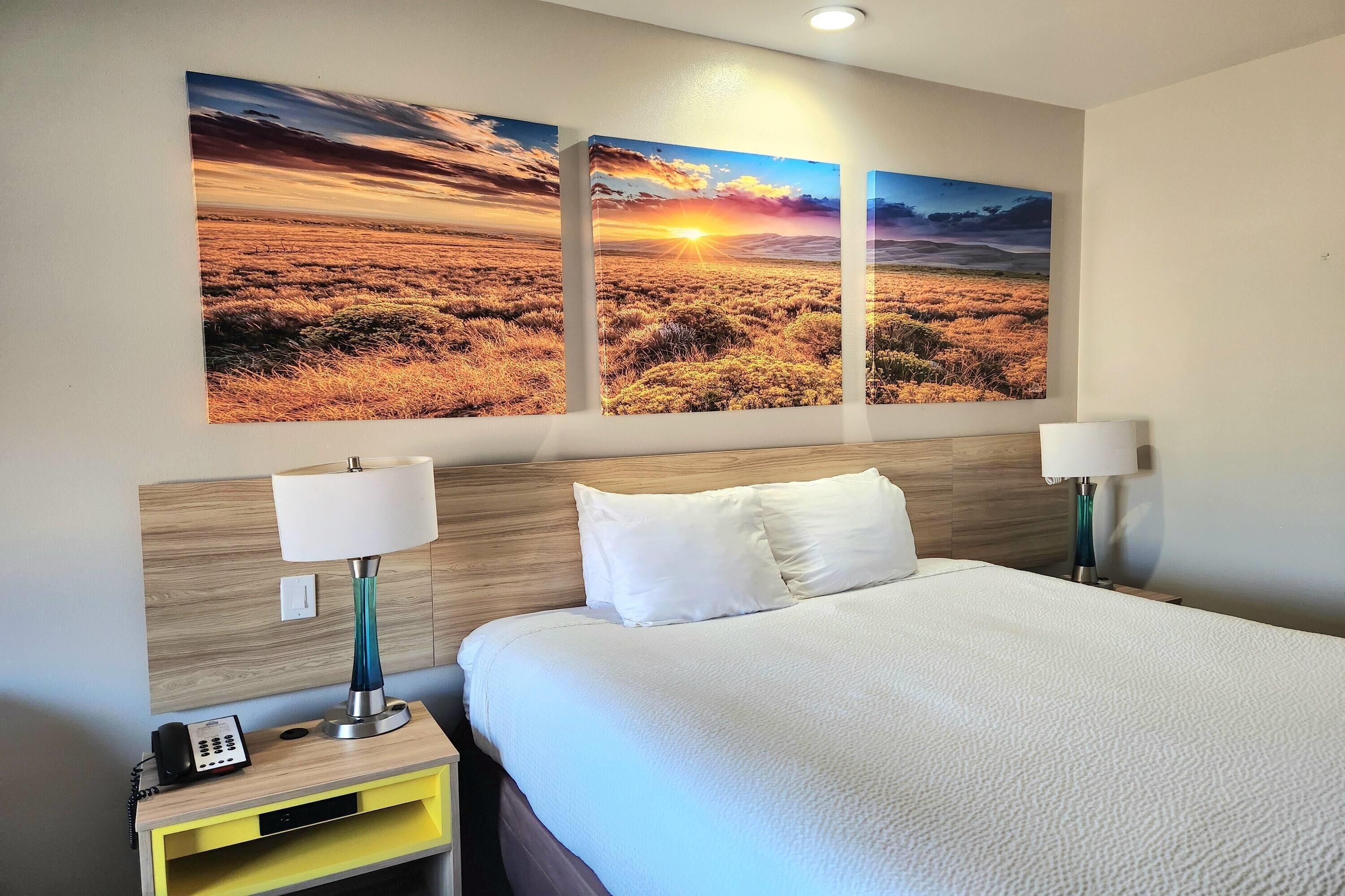 Habitación de hotel con una cama, dos lámparas de noche, una mesita de noche con un teléfono y tres cuadros con paisajes en la pared.