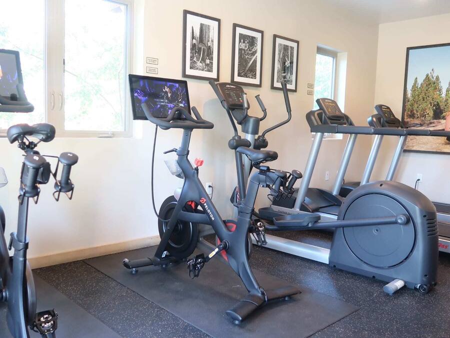 Una palestra domestica con cyclette, ellittiche e tapis roulant.