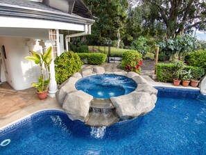 A swimming pool with a stone edge and a small waterfall feature, surrounded by potted plants and a checkered pathway.
