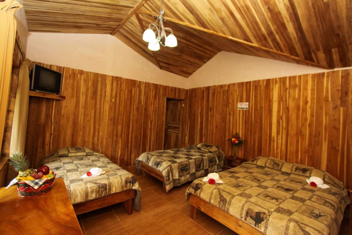 A room with wooden walls and a sloped ceiling. There are three beds with patterned bedding and a small table with a fruit basket. A television is mounted on the wall.