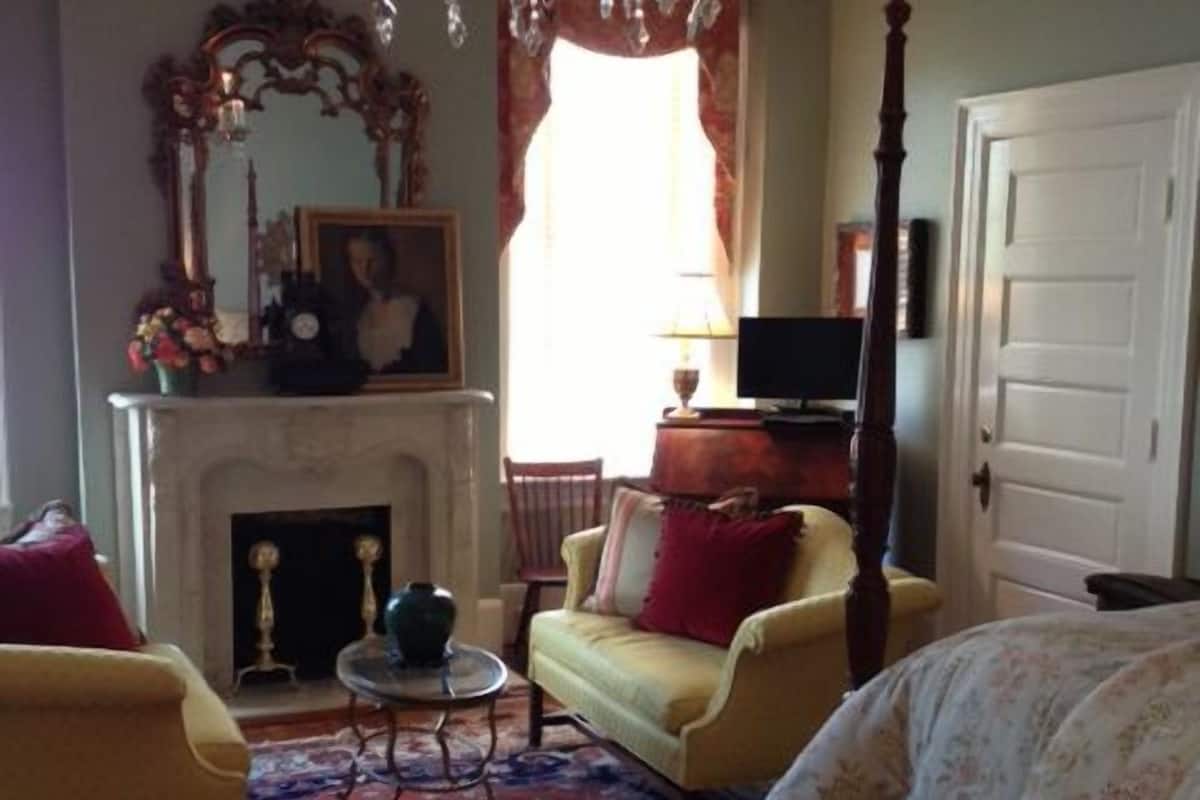 Une chambre traditionnelle avec une cheminée, une télévision et un lit.