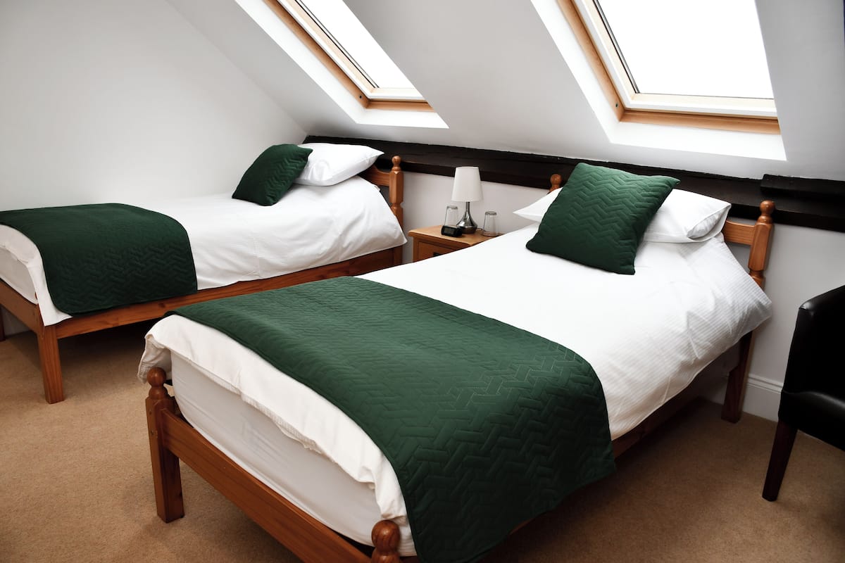 Una habitación con dos camas de madera, cada una con una manta verde y ropa de cama blanca, bajo un techo inclinado con tragaluces.