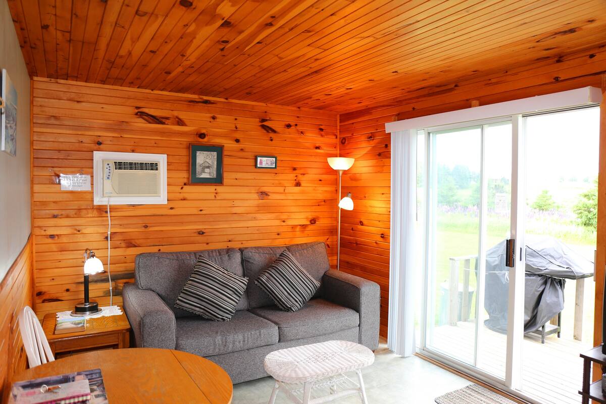 A wooden interior with a sofa, a table, and a lamp.