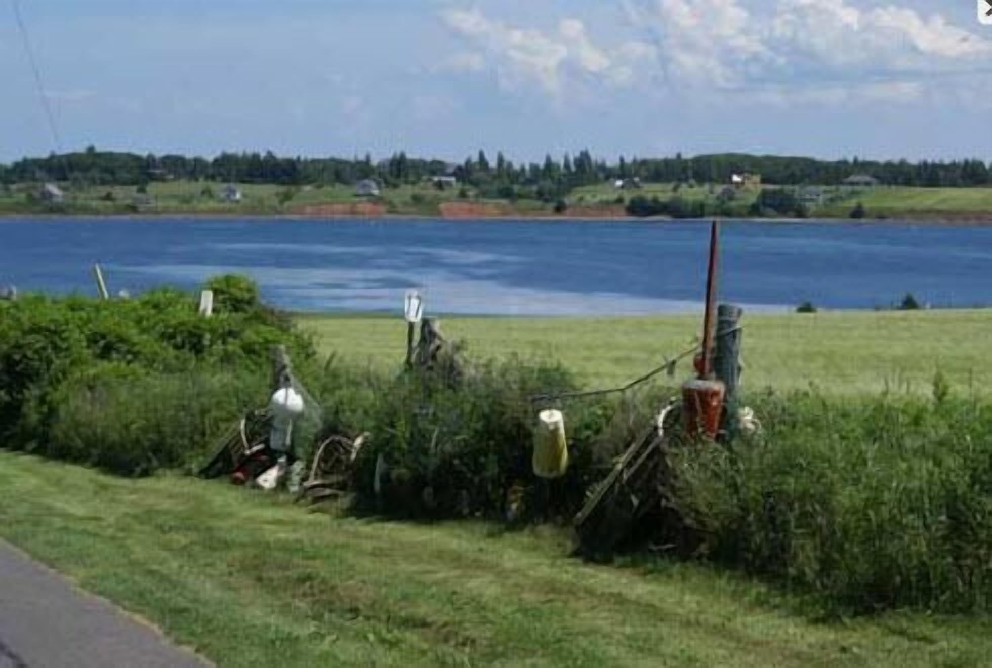 A grassy area with a fence and a body of water in the background.
