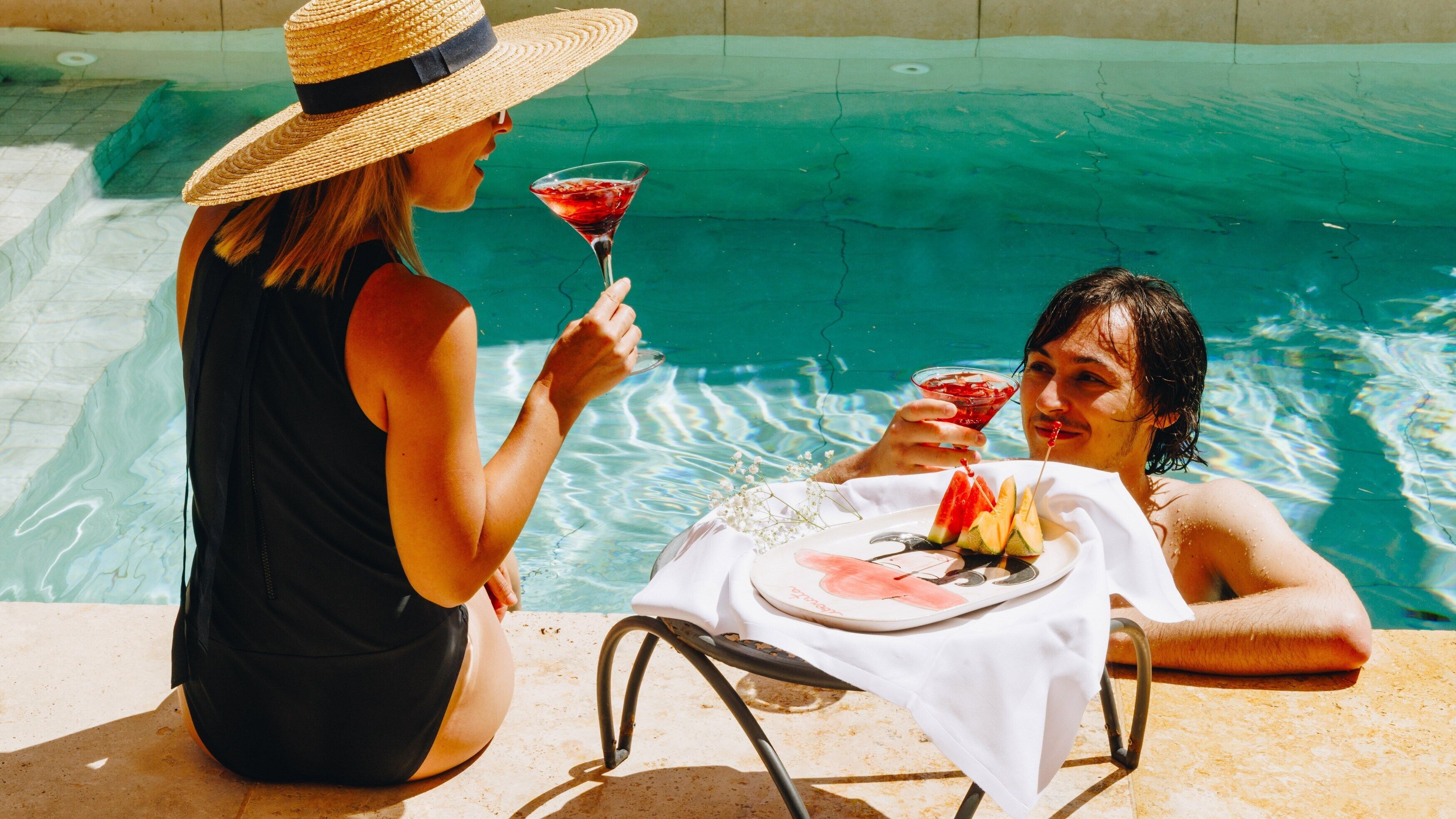 Seasonal outdoor pool, pool umbrellas, pool loungers