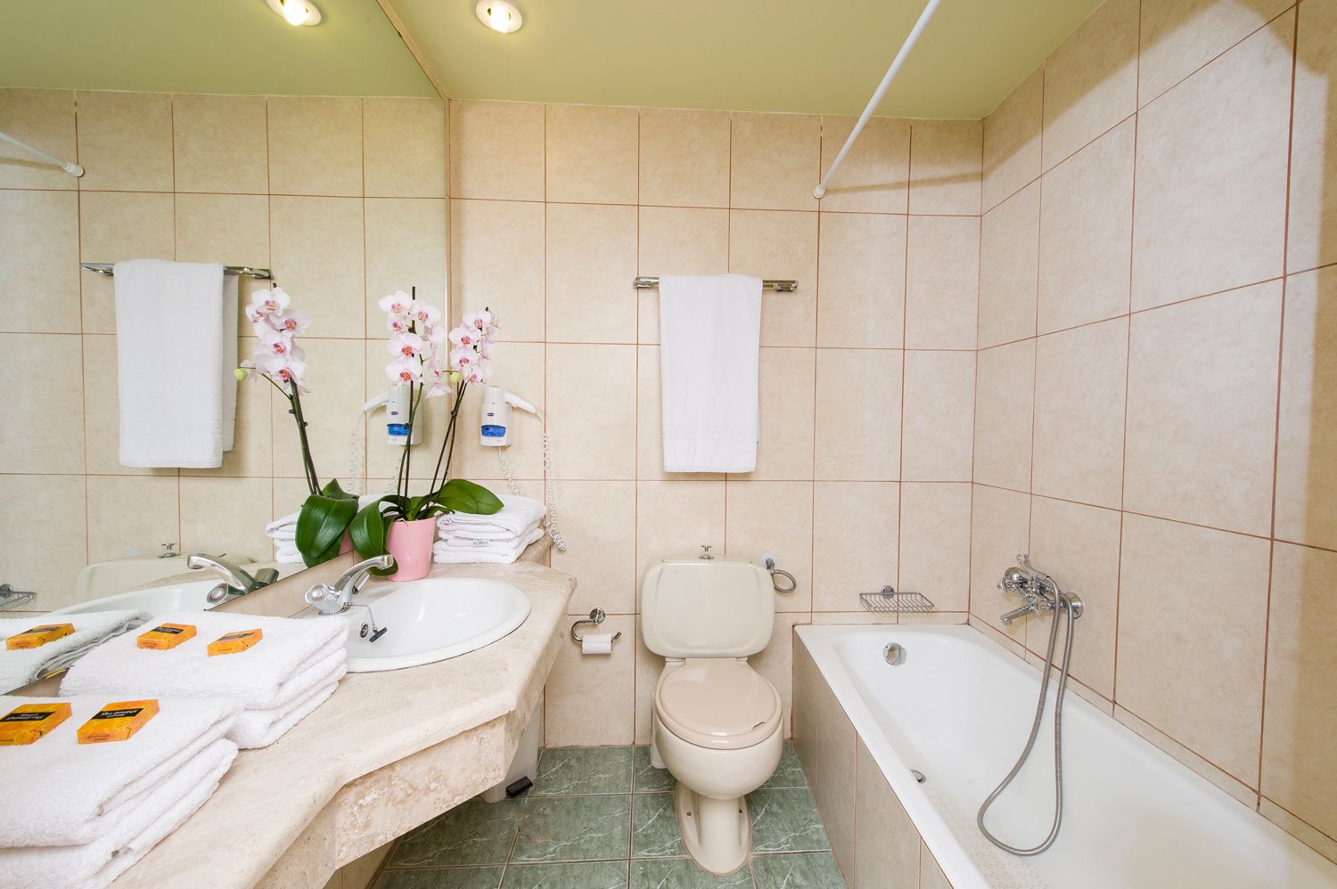 A bathroom with two sinks, a toilet, and a bathtub. There are towels and a potted orchid on the counter.