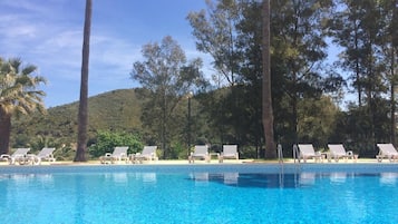 Una piscina al aire libre, sillones reclinables de piscina