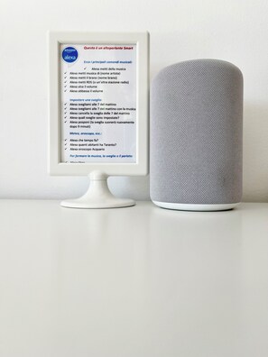 Ein Smart Speaker und eine gerahmte Liste mit Alexa-Befehlen.
