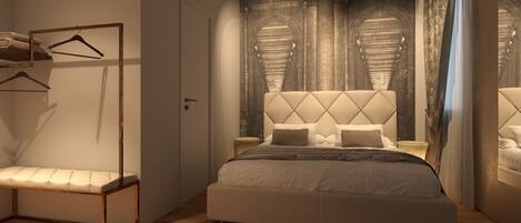 Un dormitorio moderno con una cama grande, un banco y un perchero.