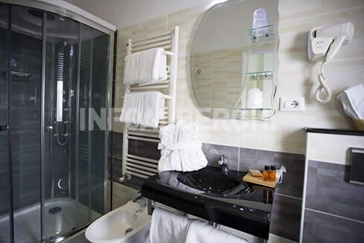 A modern bathroom with a glass shower enclosure, a black sink, and a mirror above the sink.