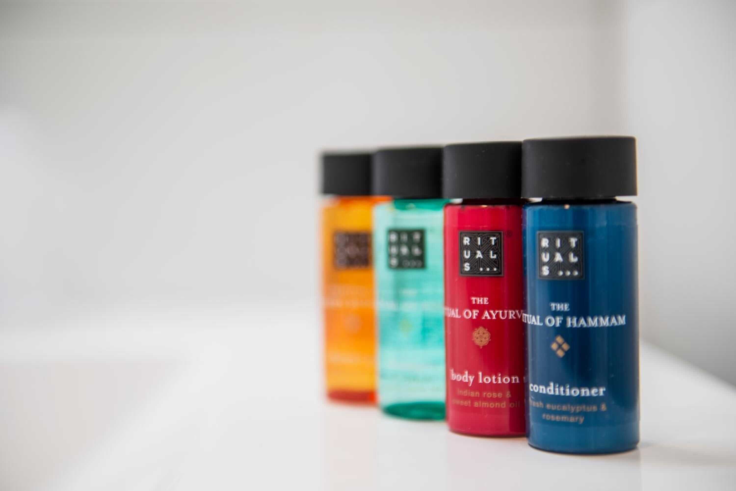 free toiletries, hair dryer, towels