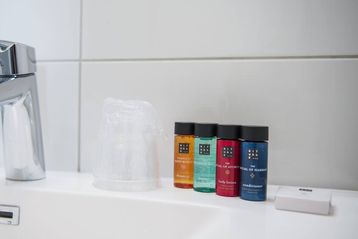 free toiletries, hair dryer, towels