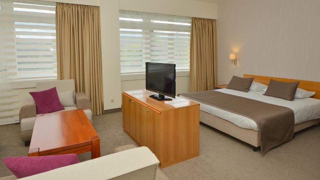 A hotel room with a bed, a desk with a TV, a sofa, and a window with curtains.