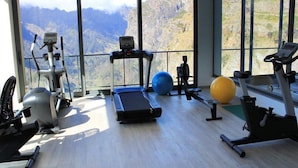 Een fitnessruimte met cardioapparatuur, een loopband en fitnessballen, met uitzicht op een berg door grote ramen.