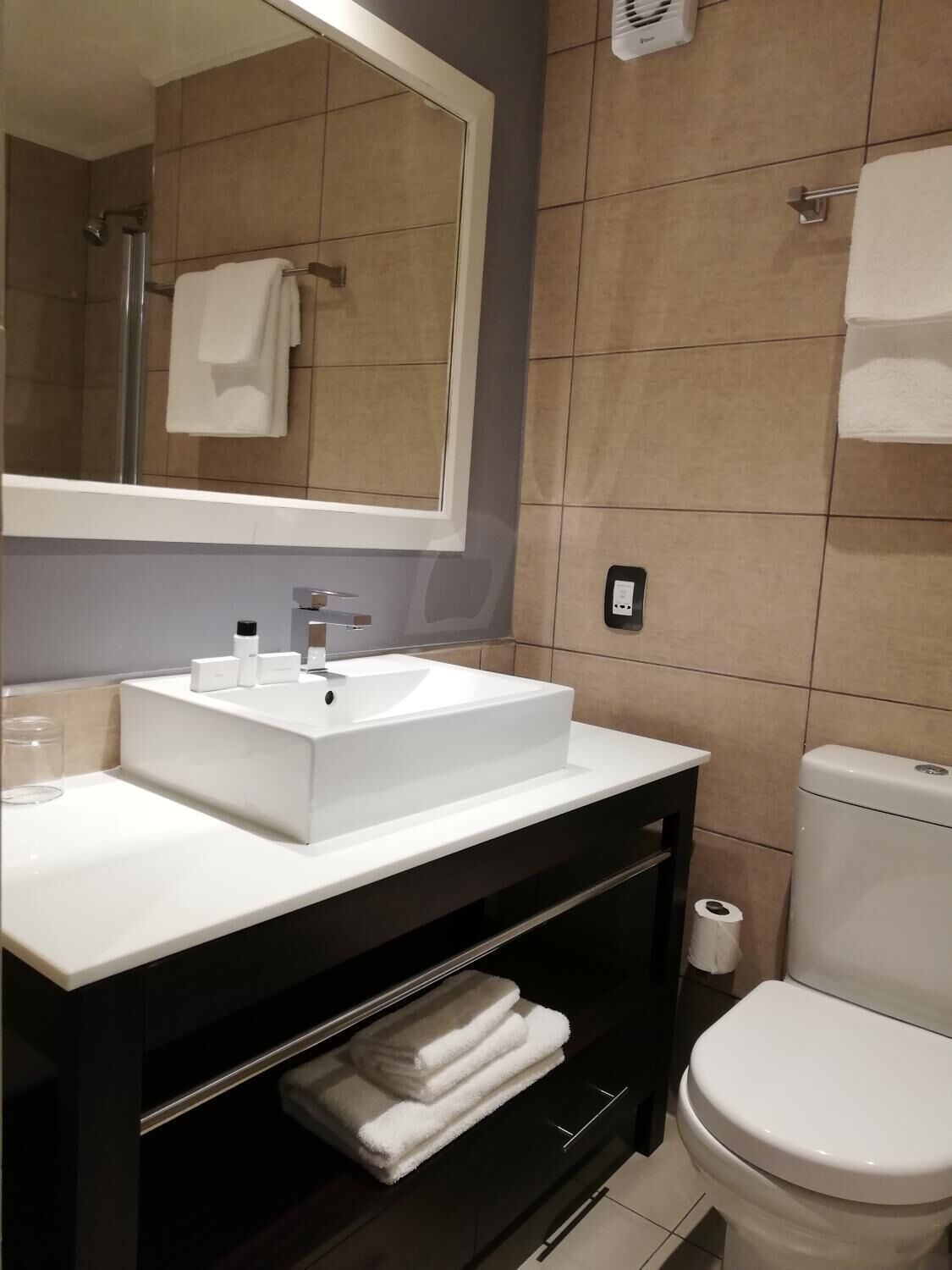 Shower, free toiletries, towels, soap