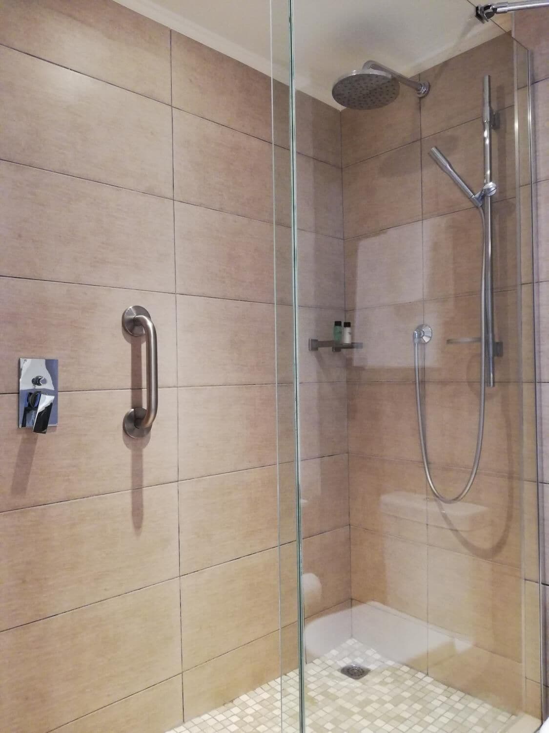 A modern shower area with a glass partition, a handheld showerhead, and a wall-mounted faucet.