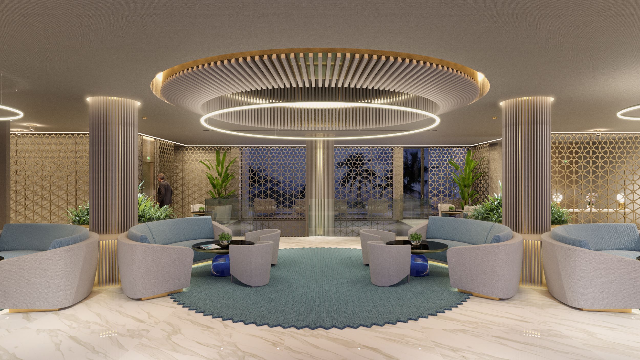 Un lobby moderno con una lámpara circular, zonas de estar y paneles decorativos.