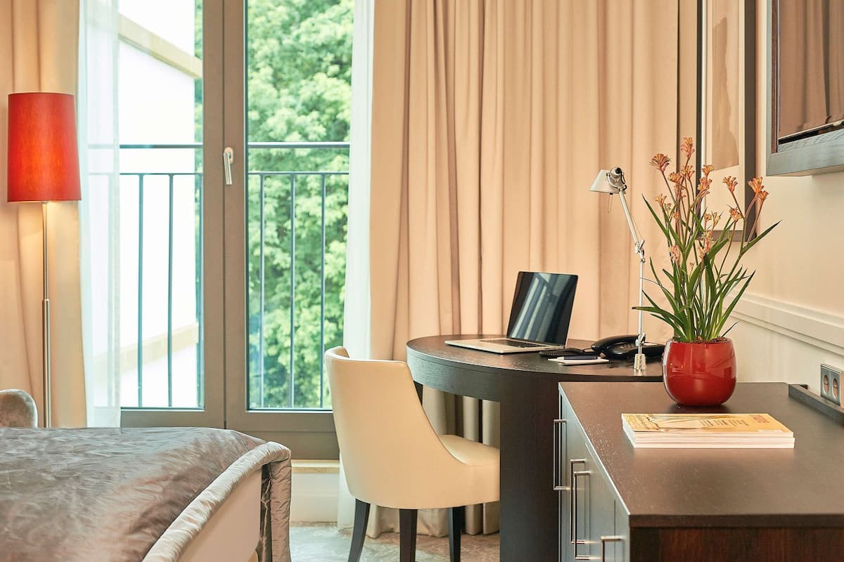 hypo-allergenic bedding, down duvets, in-room safe, desk