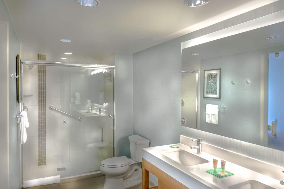 designer toiletries, hair dryer, towels