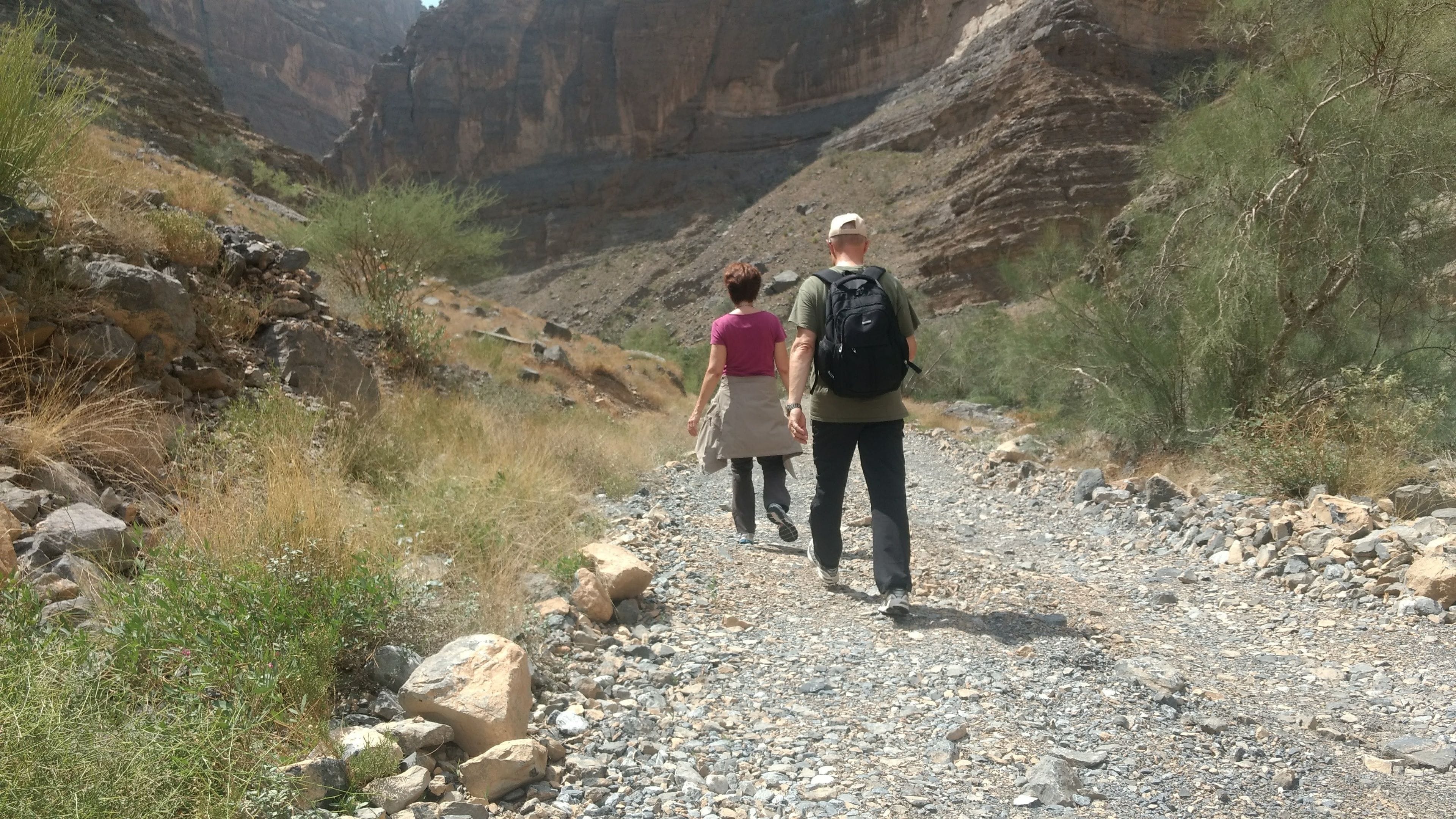A rocky trail in a canyon with hikers.