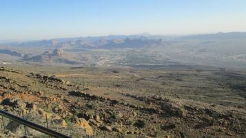 Vista panorámica de un paisaje desértico con terreno rocoso y montañas distantes.
