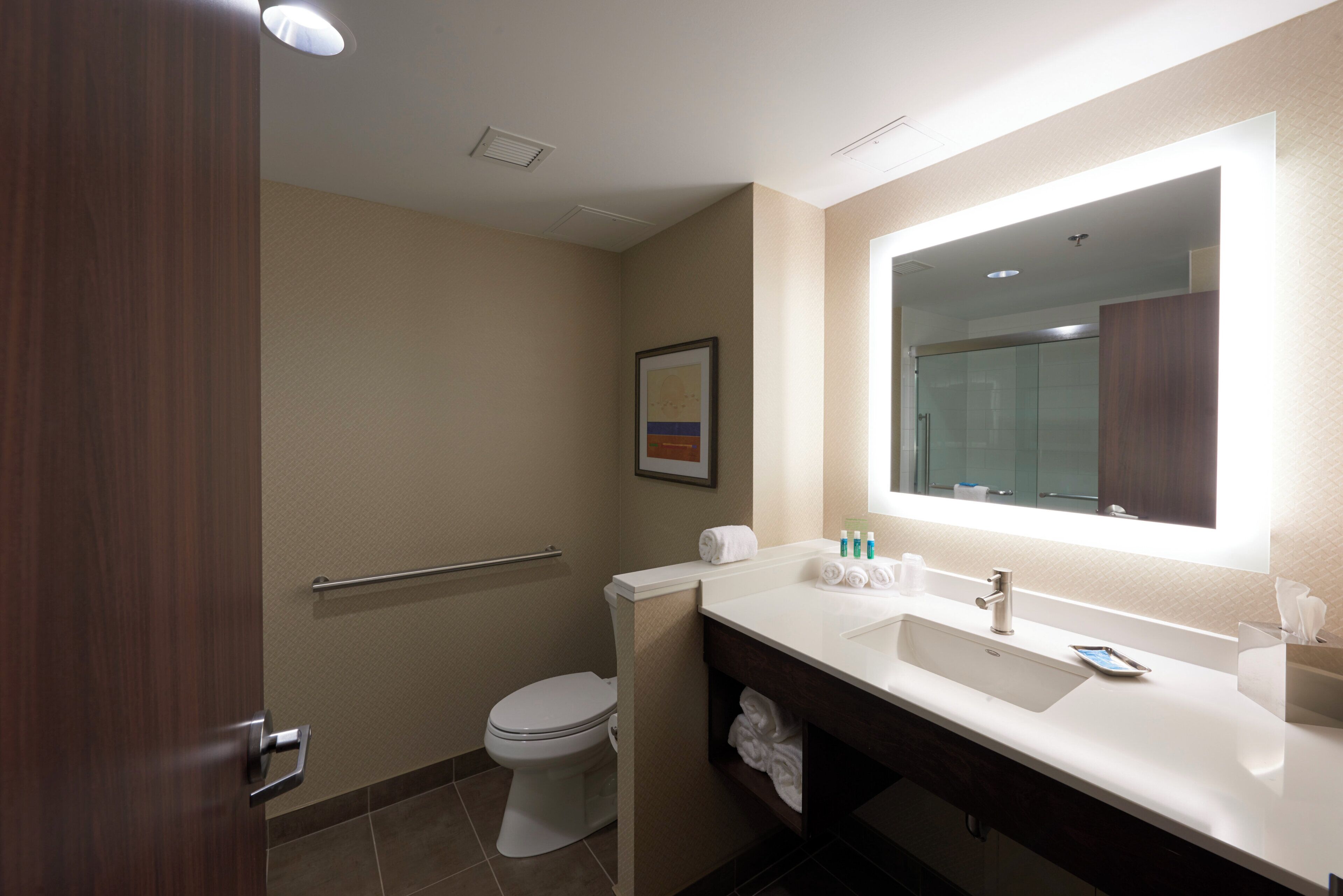 A hotel bathroom with a toilet, sink, mirror, and towel rack.
