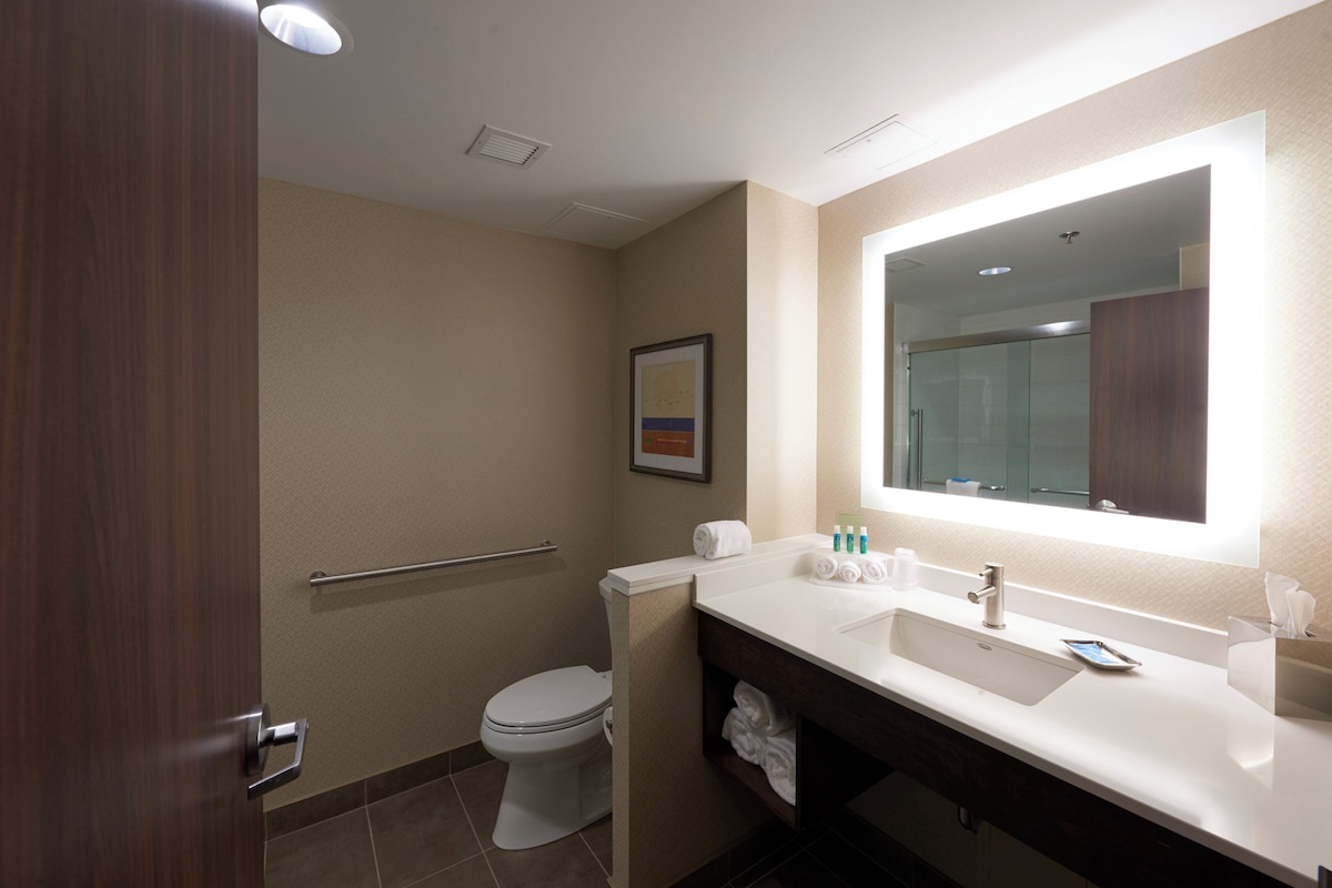 A hotel bathroom with a toilet, sink, mirror, and towel rack.