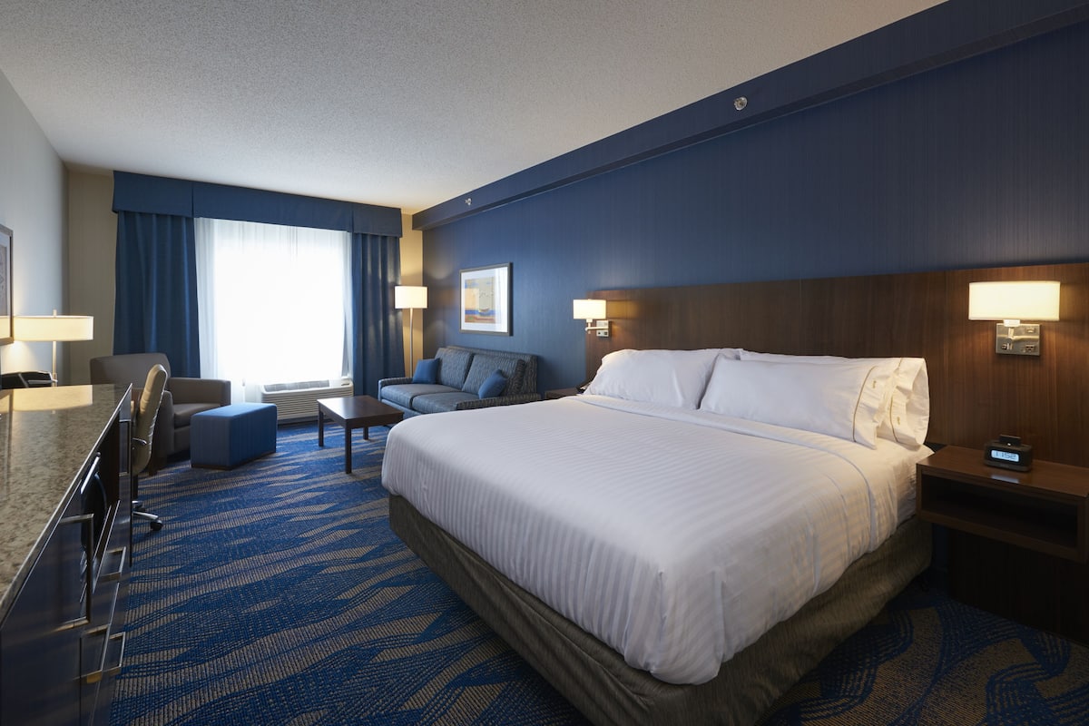 A hotel room with a large bed, a desk, a chair, a sofa, and a TV.