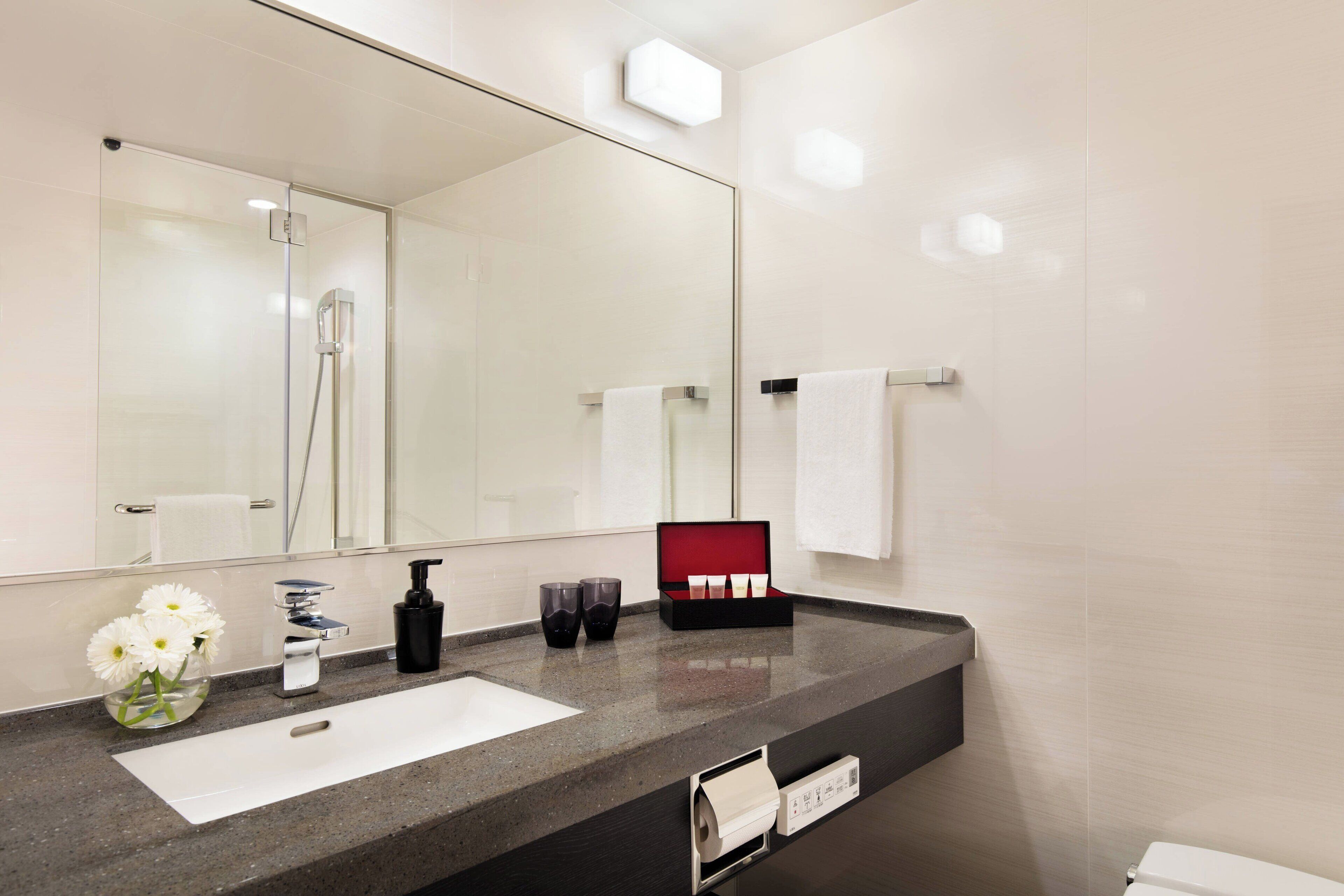 combined shower/bathtub, free toiletries, hair dryer, slippers