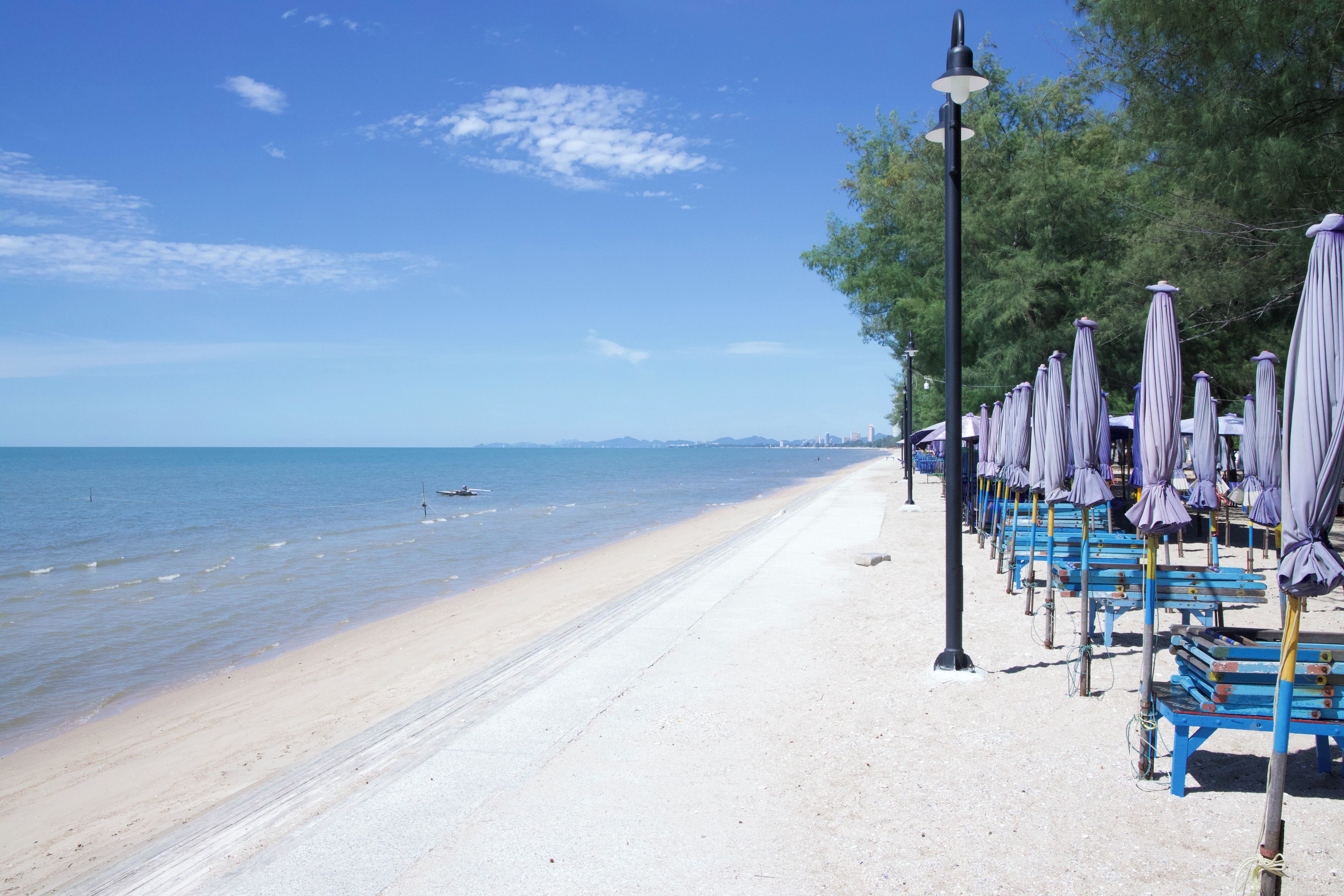 Uma praia com uma fileira de guarda-sóis e bancos ao longo da orla.