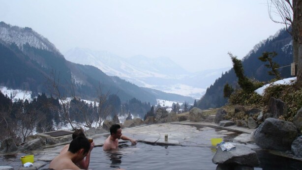 A natural hot spring surrounded by mountains and trees. - Alpine Villa Nozawa (Nozawaonsen)