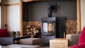 A cozy living room with a fireplace, a sofa, a coffee table, and a stone wall. - Alpine Villa Nozawa (Nozawaonsen)