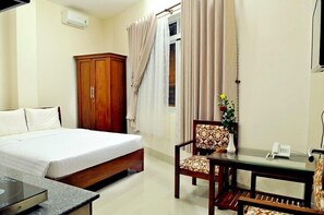 Desk, laptop workspace, blackout curtains, soundproofing