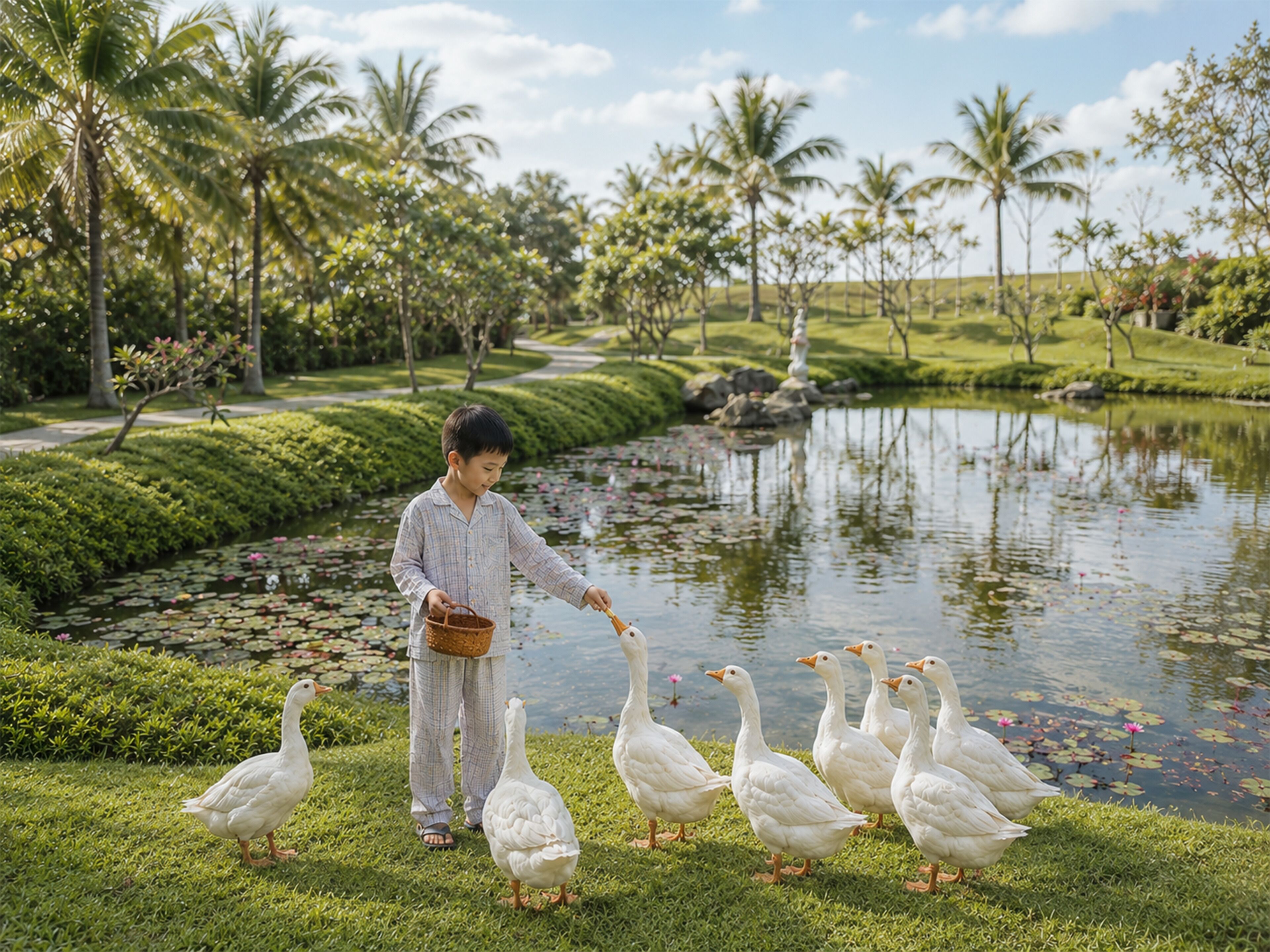 A person feeding ducks by a pond with a lush garden and palm trees in the background.