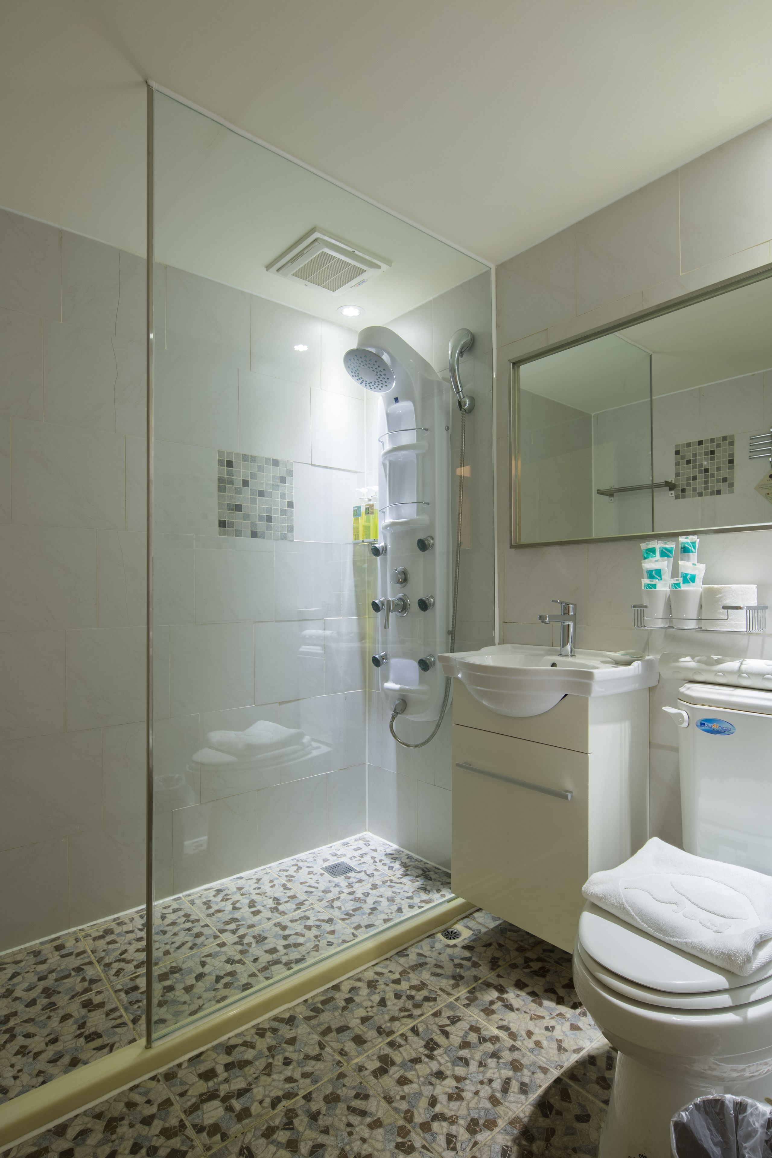 A bathroom with a shower, sink, toilet, and a mirror.
