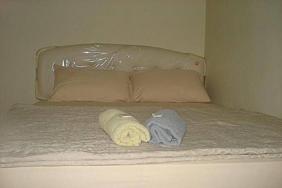 A bed with a mattress and two pillows.