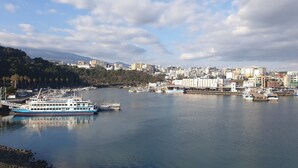 A harbor with a large ferry docked, surrounded by buildings and a mountain in the background. - Cheonjiyeon Hotel (Seogwipo)