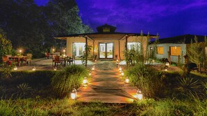A building with a wooden pathway leading to a door, surrounded by greenery and lit by lanterns.