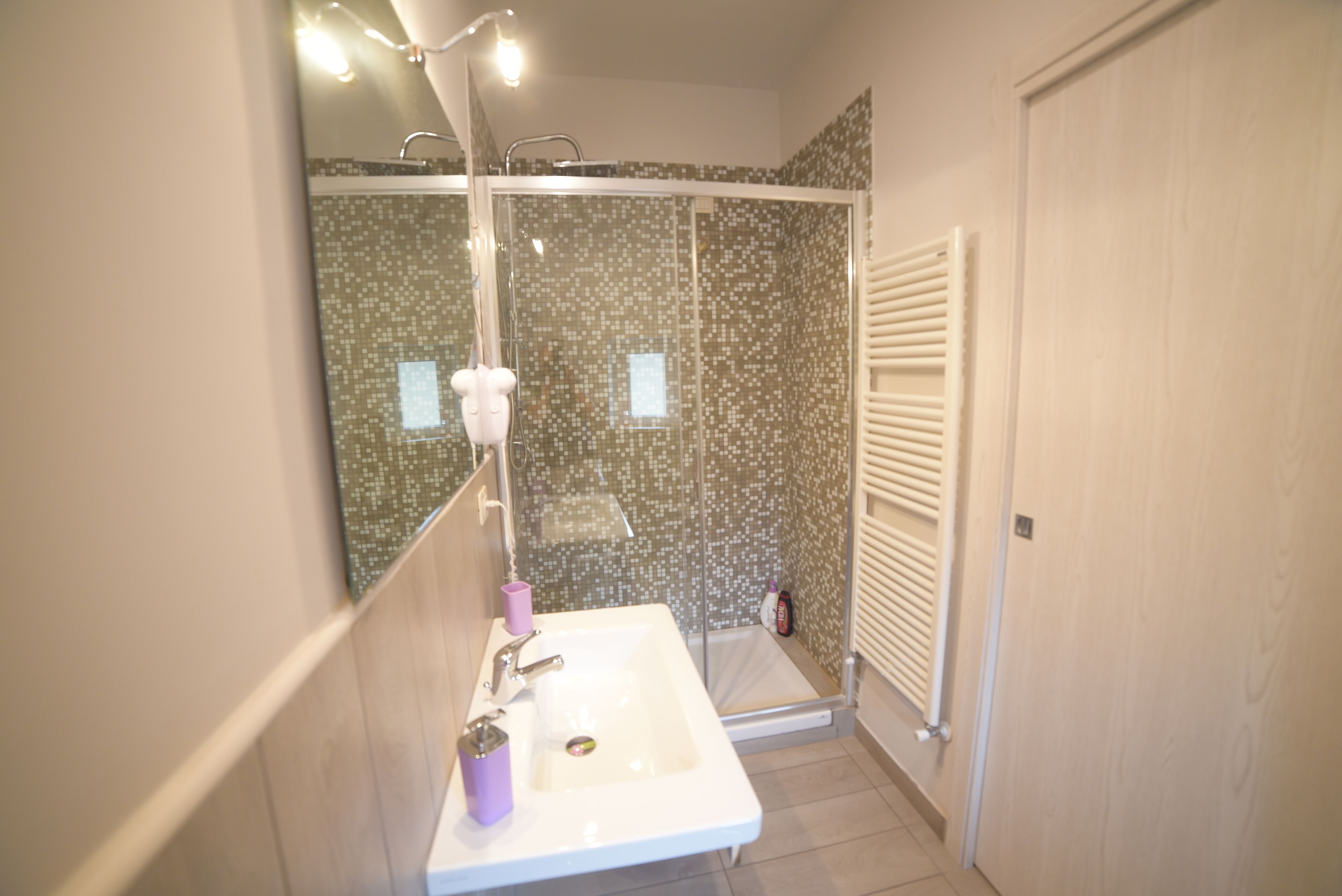 Ein Badezimmer mit einem weißen Waschbecken, einem Spiegel, einer Dusche mit Glastür und einem Handtuchhalter.