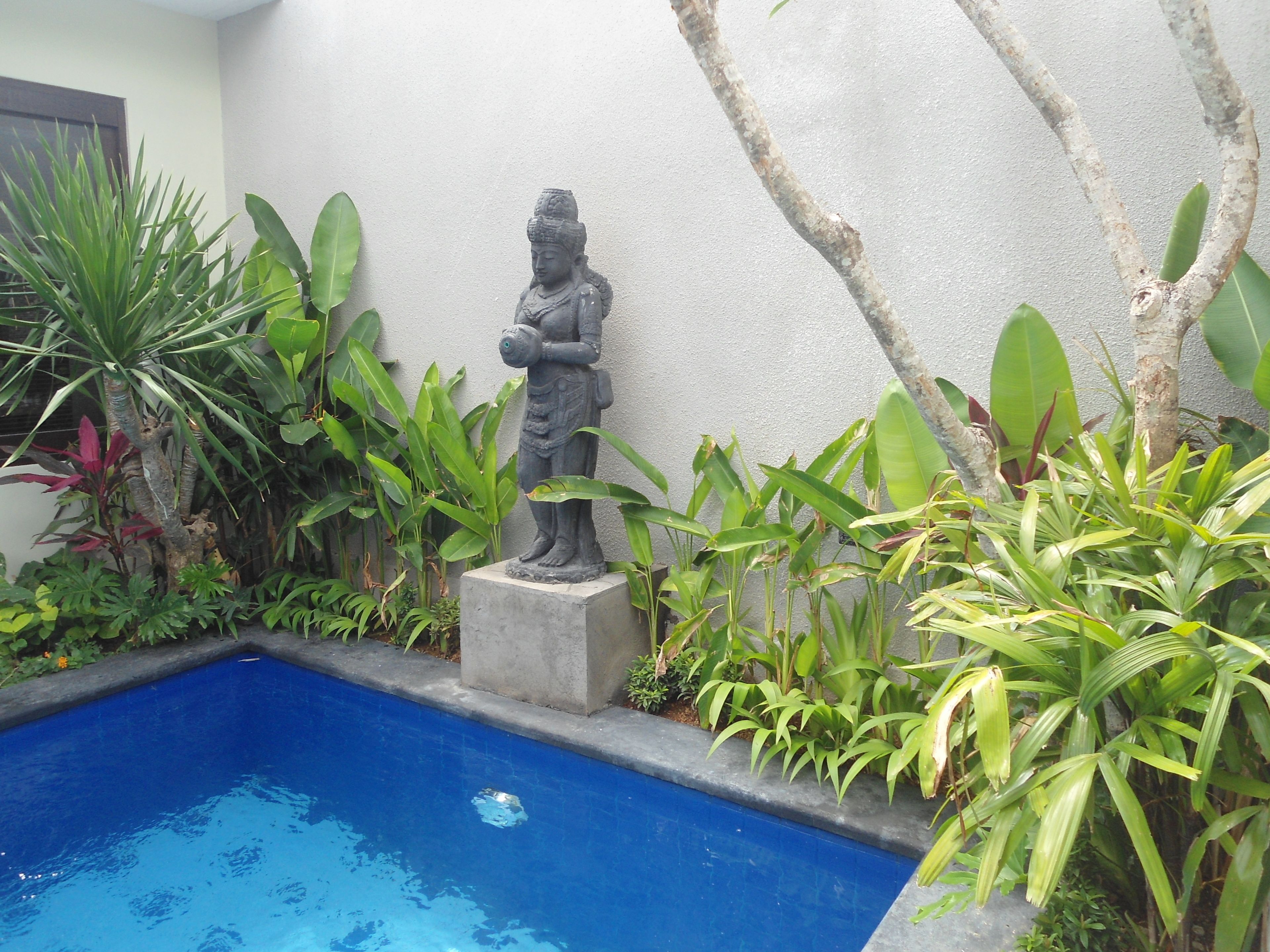 A statue in a garden with a pool.