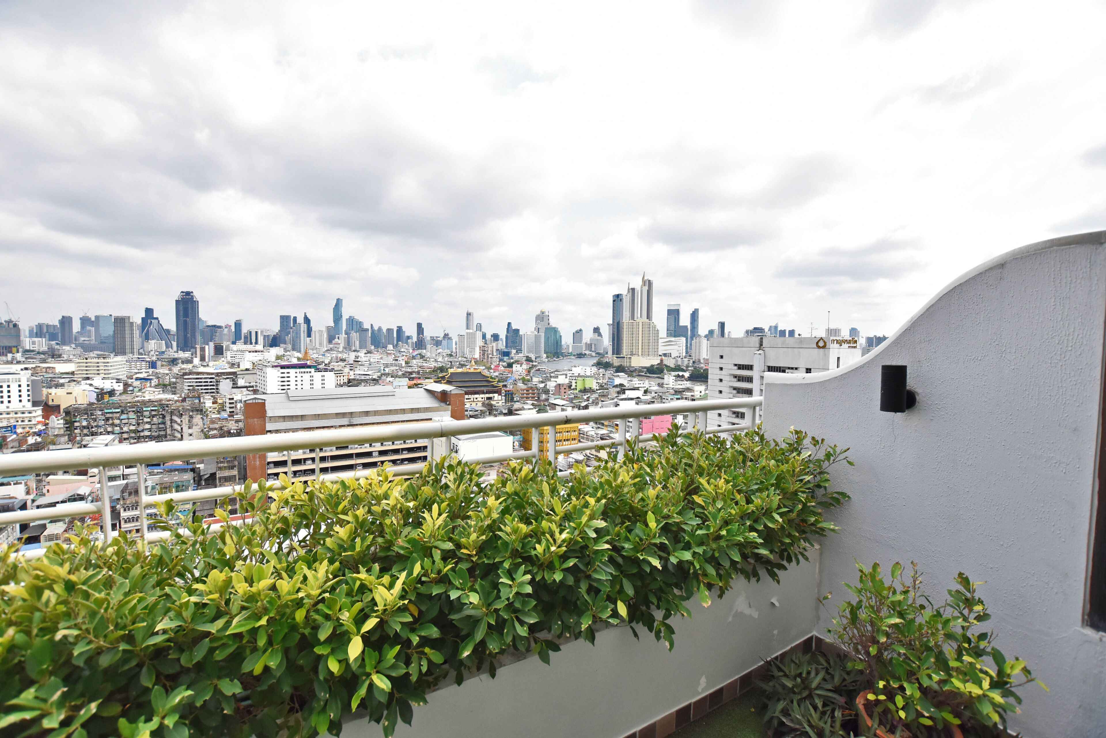 A cityscape view from a balcony with a railing and potted plants.