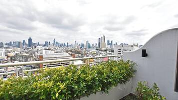 A cityscape view from a balcony with a railing and potted plants.