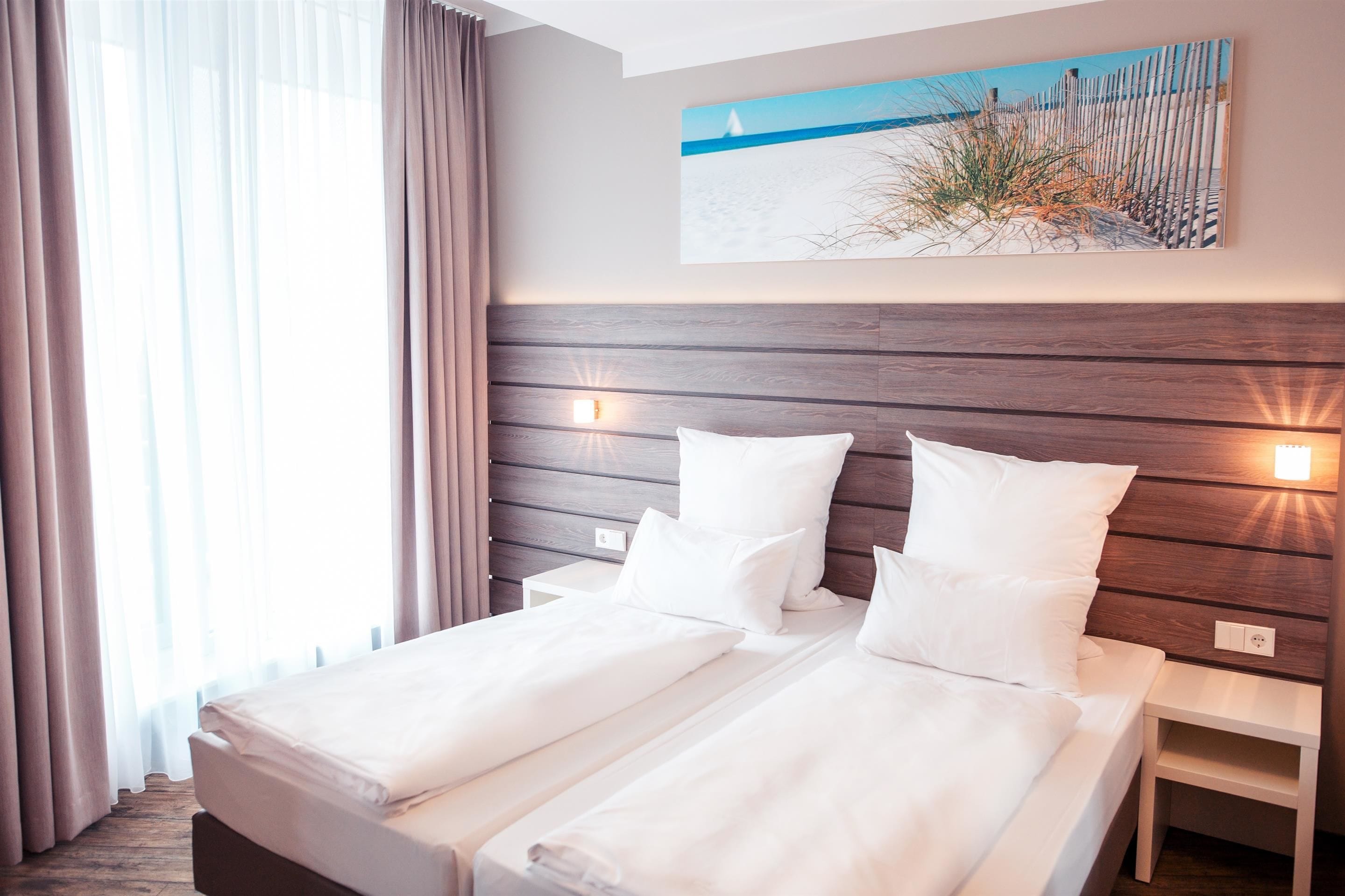 hypo-allergenic bedding, desk, blackout curtains, soundproofing