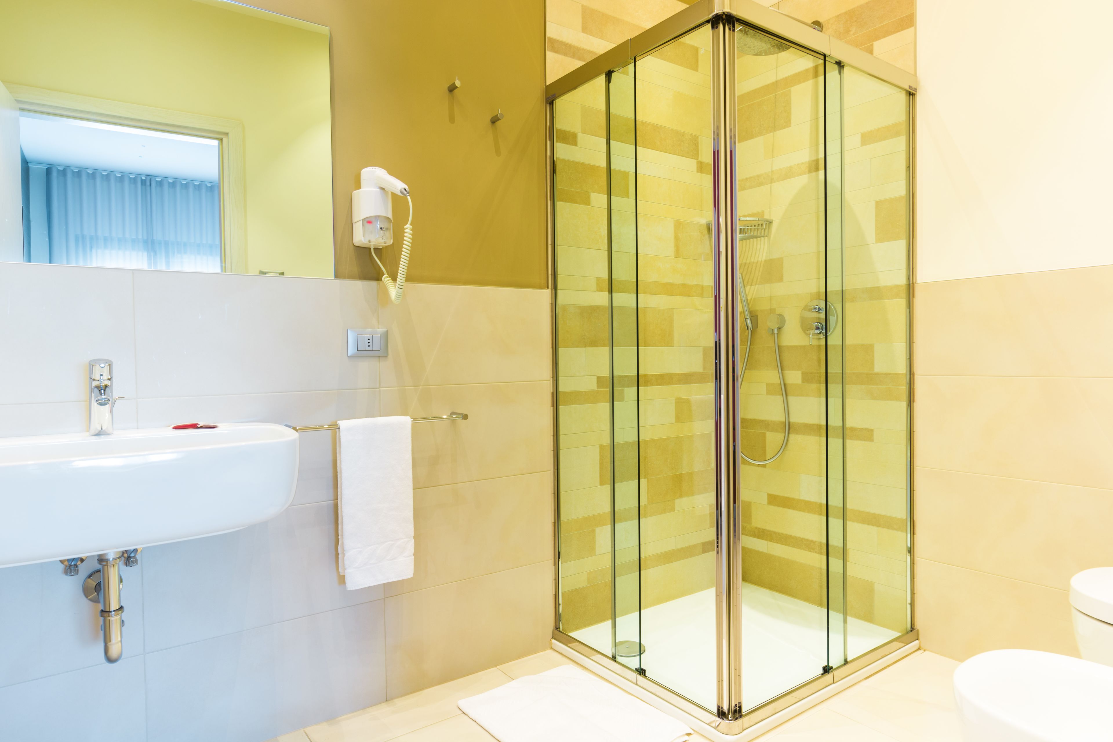 shower, free toiletries, hair dryer, towels