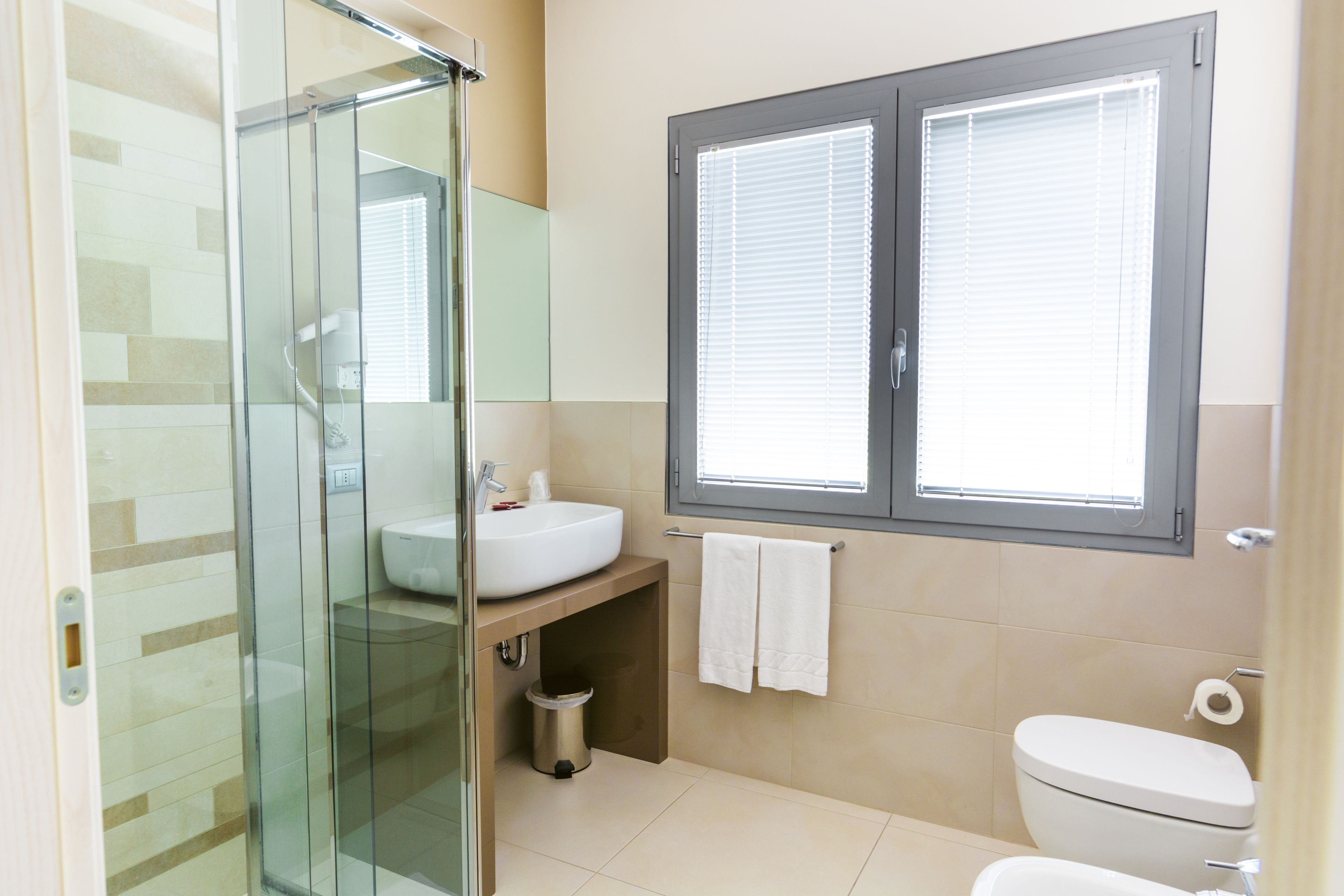 shower, free toiletries, hair dryer, towels