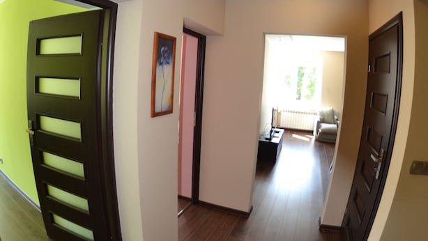 Un corridoio con pavimento in legno, una porta verde e una parete bianca con un quadro incorniciato.