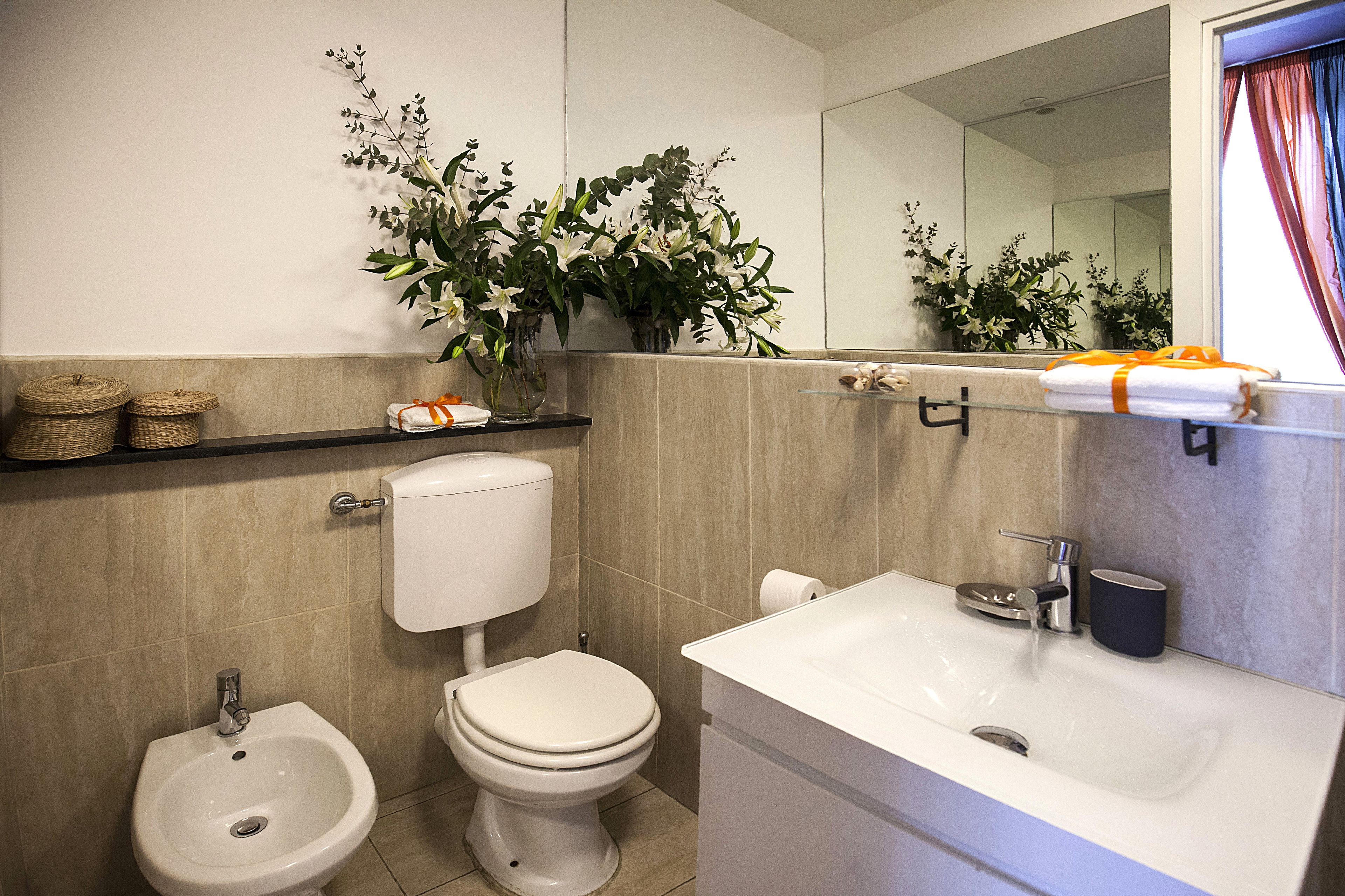 A bathroom with a toilet, bidet, sink, and a mirror. There are wicker baskets on a shelf and a potted plant on the wall.