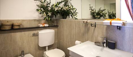 A bathroom with a toilet, bidet, sink, and a mirror. There are wicker baskets on a shelf and a potted plant on the wall.