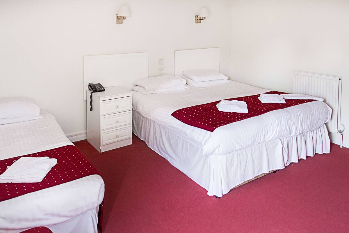 A hotel room with two beds, white bedding, a red carpet, and a white dresser with a phone on it.